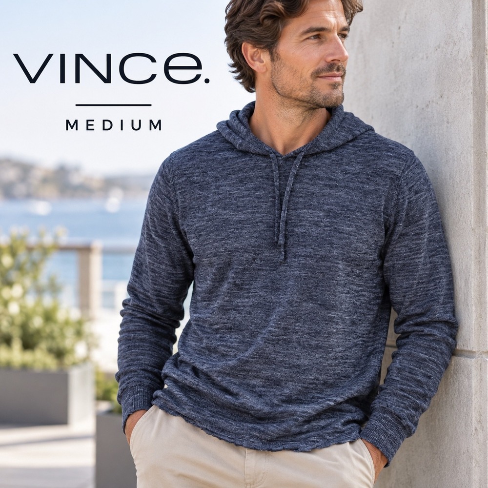 Vince Linen Blend Hoodie Mens Medium Blue Lightweight Slub Knit Pullover Sweater
